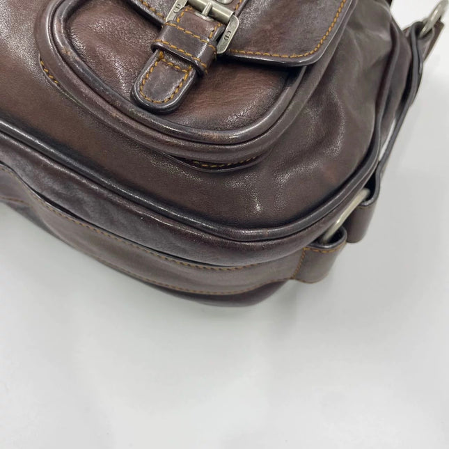 Dior Vintage Gaucho Large Dark Brown Leather Crossbody Bag 36cm