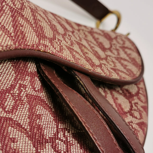 Dior Saddle Vintage Medium Red Burgundy Monogram Oblique Shoulder Bag 2002