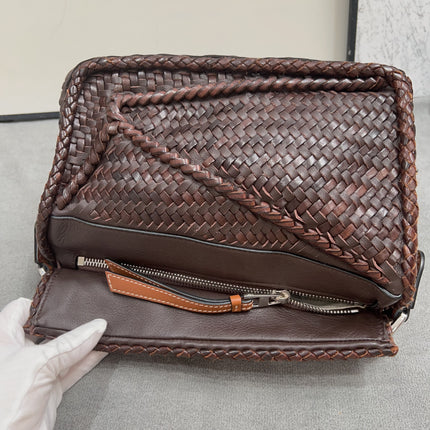 Loewe Puzzle Small Leather Woven Braided Dark Brown Crossbody Bag