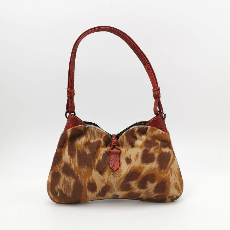 Valentino Vintage Red Leopard Print Pony style Calfskin Embroidered Sh