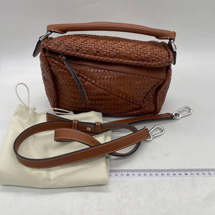 Loewe Puzzle Small Leather Woven Braided Tan Brown Crossbody Bag