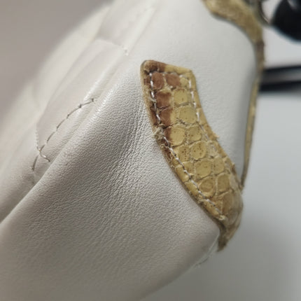 Chanel Cambon Clutch White Leather Snake Skin CC Logo Black Strap