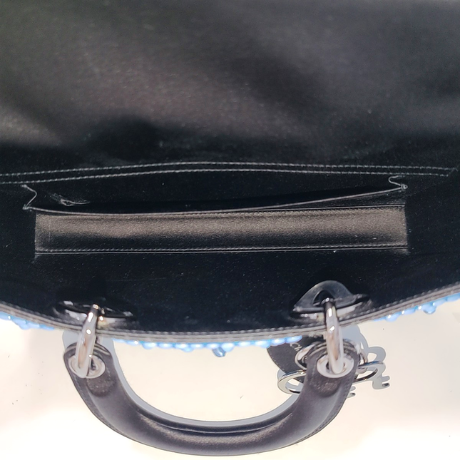 Lady D-Joy Medium Bag Exceptional Piece Black Silk Satin Turquoise Beaded Tassel