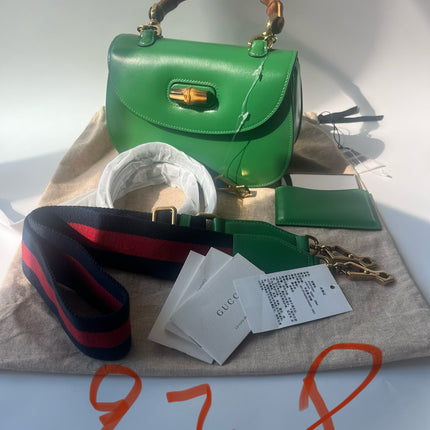 Gucci Bamboo 1947 Top Handle Bag Small Green Box Leather Canvas Strap