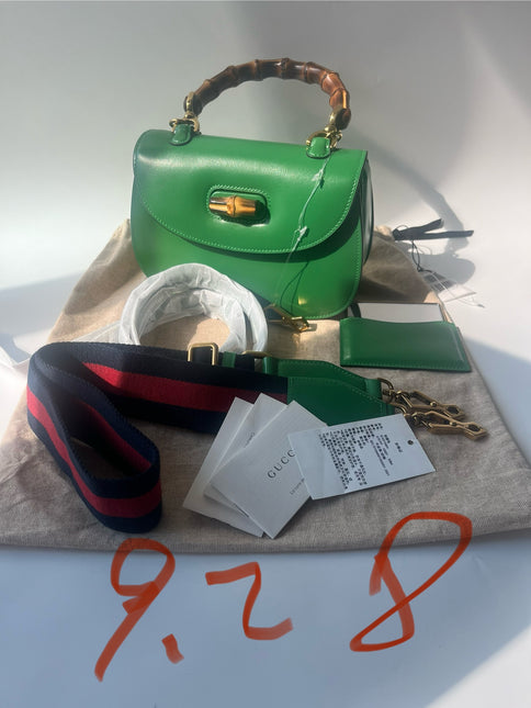 Gucci Bamboo 1947 Top Handle Bag Small Green Box Leather Canvas Strap