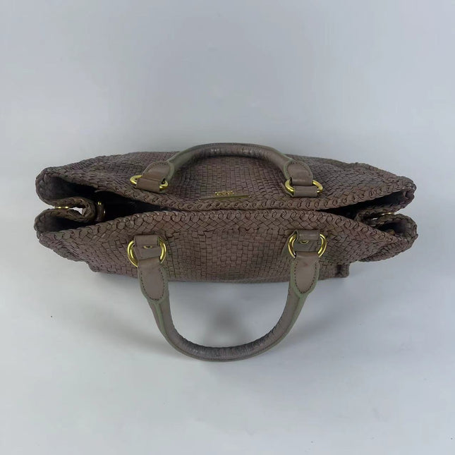 Prada Madras Brown Woven Leather Top Handle Shopping Tote Medium