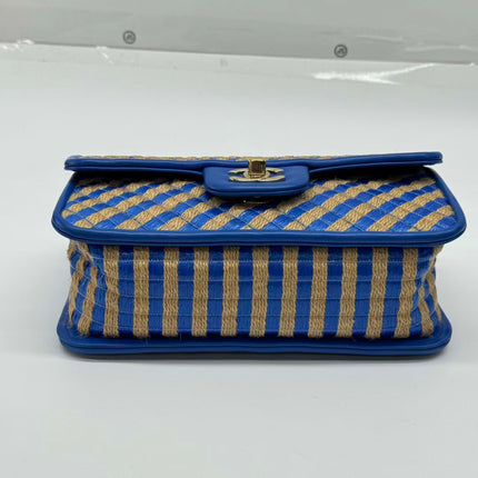 Chanel Mini Raffia Jute Striped Flap Bag Blue Diamond Wild Stitch
