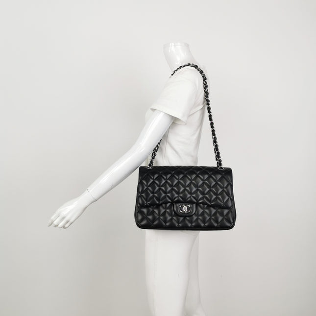 Chanel Classic Flap Jumbo Black Lambskin Leather Double Flap Silver Hardware 2011