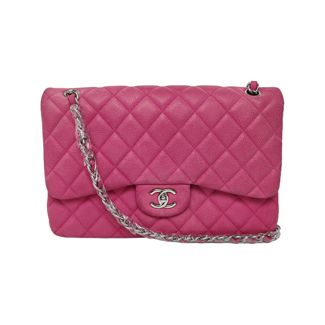 Chanel Classic Flap Jumbo Pink Caviar Leather Double Flap Silver Hardware, 2013-14-Luxbags