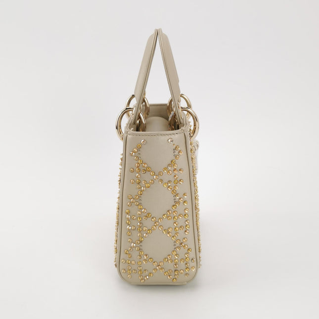 Lady Dior Mini Gold Calfskin Leather with Crystals Gold Hardware 2023