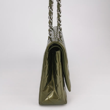Chanel Classic Flap Maxi Metallic Green Patent Leather Double Flap Sliver Hardware 2012