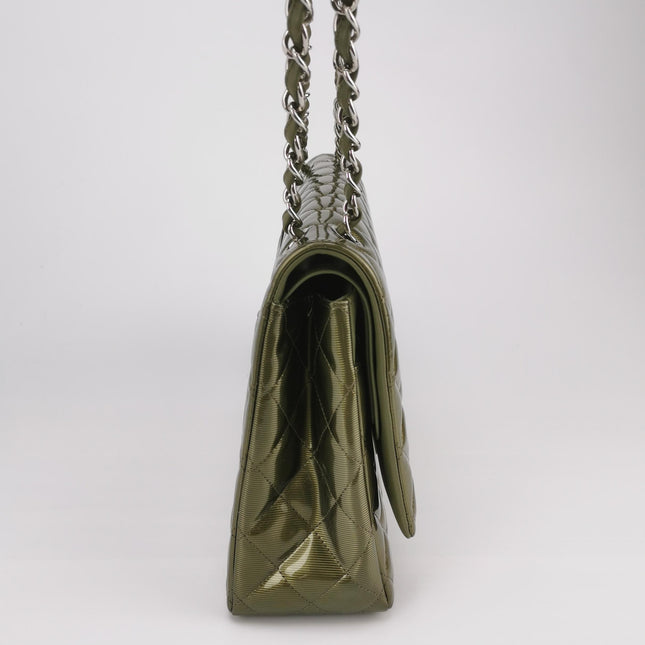 Chanel Classic Flap Maxi Metallic Green Patent Leather Double Flap Sliver Hardware 2012