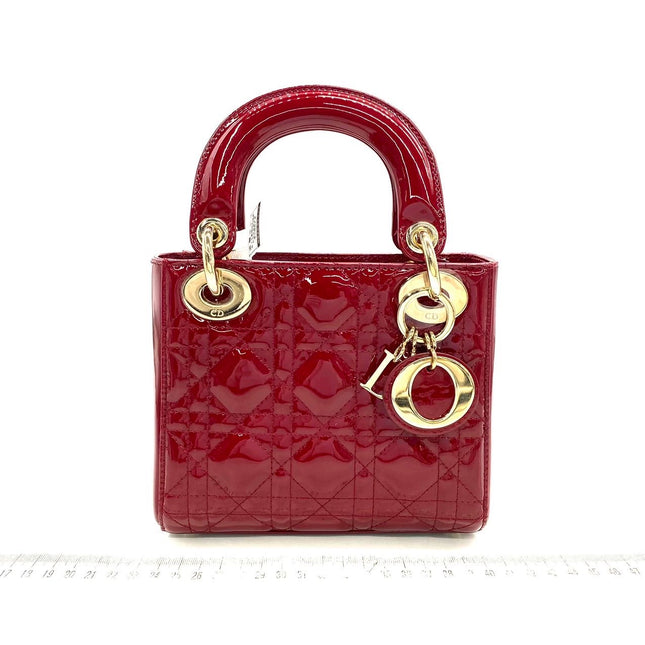 Lady Dior Mini Handbag Burgundy Red Patent Leather Gold-tone Chain Strap