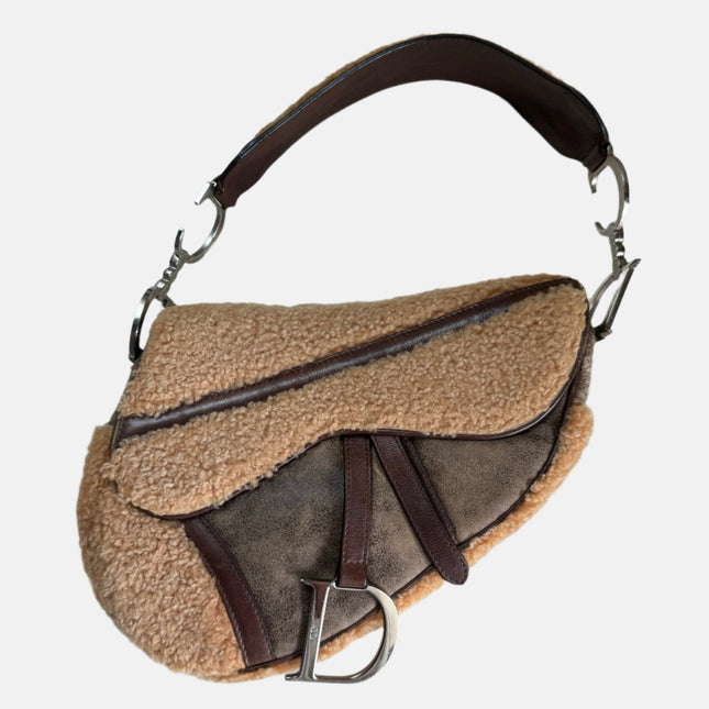 Dior Saddle Vintage Shoulder Bag Shearling Brown and While-Luxbags