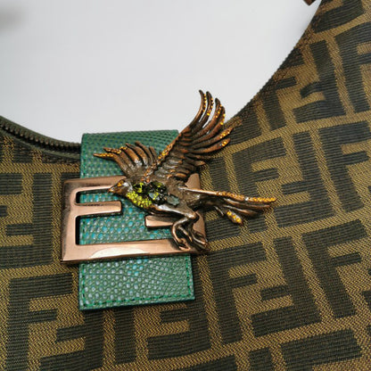 Fendi Croissant Shoulder Bag Medium Zucca Monogram Canvas Lizard-skin Strap Bird Brooch