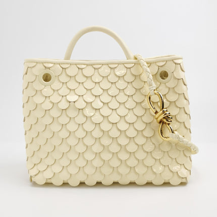 Bottega Veneta Andiamo Small Butter Yellow Fish Scale Patent Leather Handbag