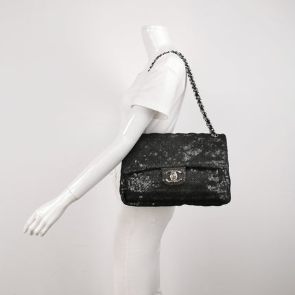 Chanel Black Mesh and Sequins Jumbo Maxi Classic Flap Silver Hardware 2008