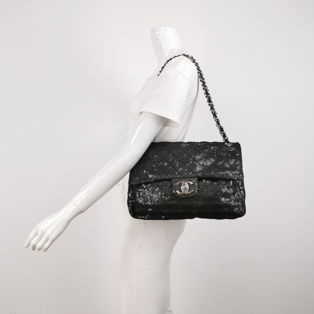 Chanel Black Mesh and Sequins Jumbo Maxi Classic Flap Silver Hardware 2008