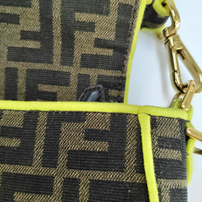FENDI Baguette Zucca Monogram Canvas with Lime Neon trimming Crossbody Bag