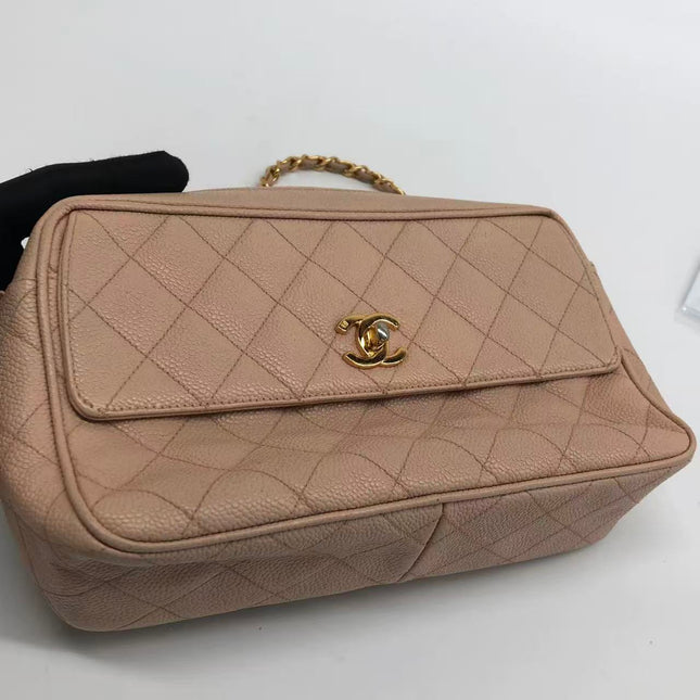 Chanel Medium Camera Case Bag Beige Caviar Leather Gold Hardware