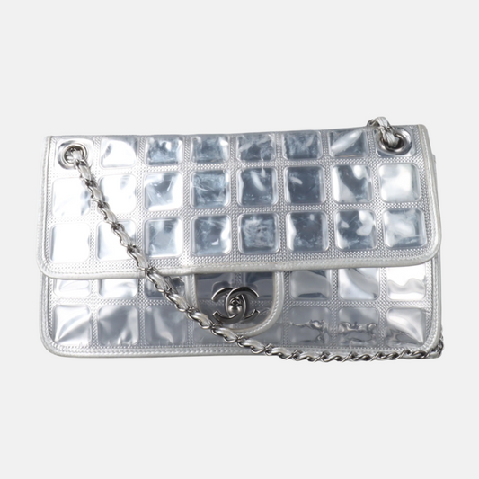 Chanel Ice Cube Chocolate Bar Classic Flap Metallic Silver PVC with Leather-Luxbags