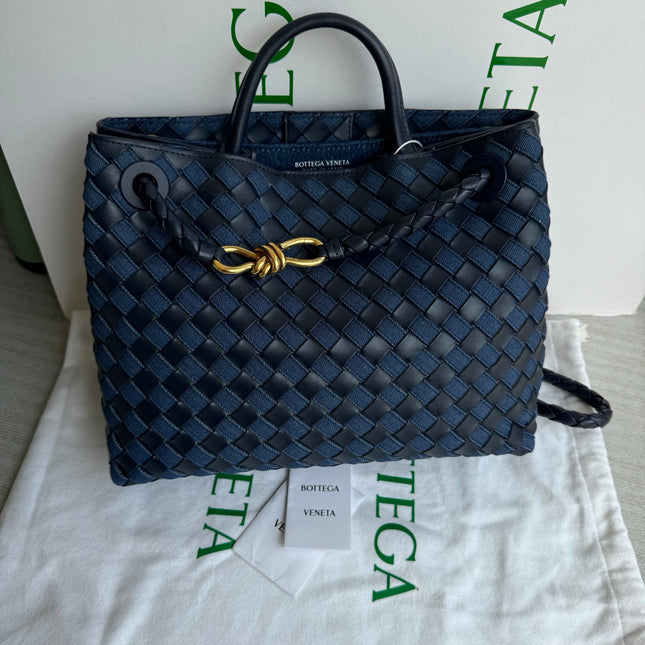 Bottega Veneta Andiamo Medium Navy Leather and Denim Intrecciato Leather Handbag-Luxbags