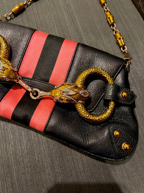 Gucci Horsebit 1955 Small Black Leather Embellished Snake Head Buckle