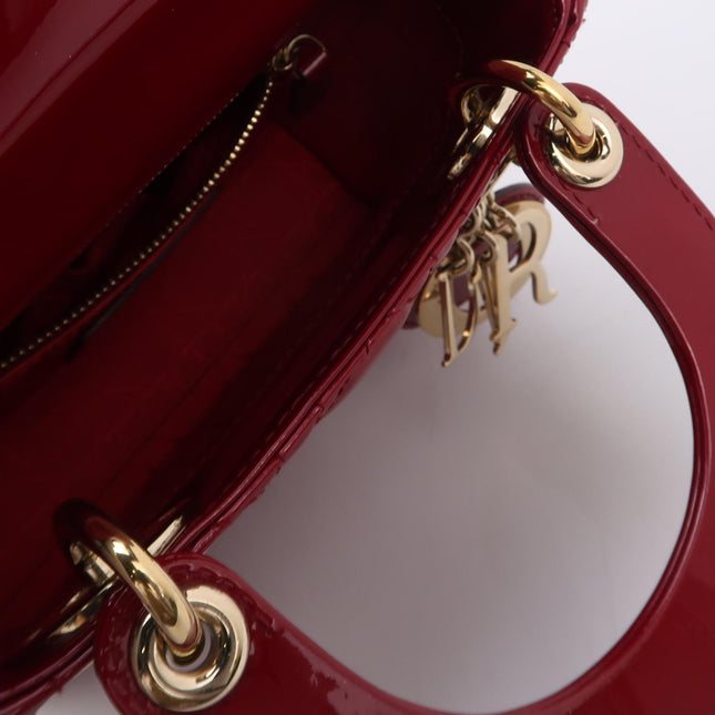 Lady Dior Mini Handbag Burgundy Red Patent Leather Gold-tone Chain Strap