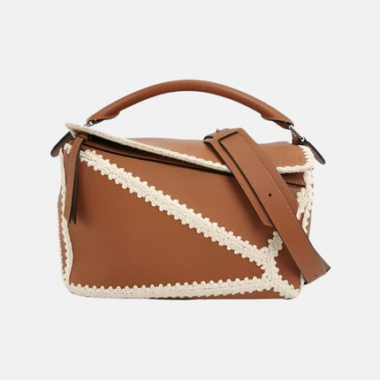 Loewe Puzzle Calfskin Crochet Trim Medium Caramel Tan Leather Bag-Luxbags