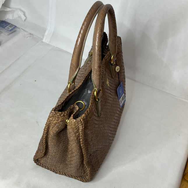 Prada Madras Brown Woven Leather Top Handle Shopping Tote