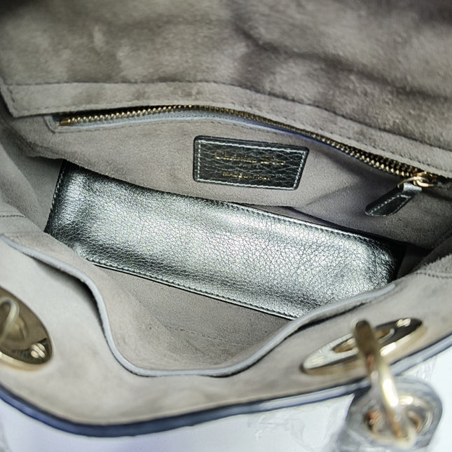 Lady Dior Small Supple Calfskin Leather Metallic Grey Cannage Handbag with Strap