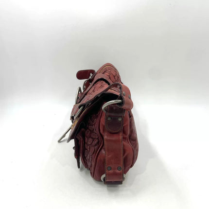 Dior Vintage Gaucho Large Red Leather Crocodile Embossed Crossbody Bag