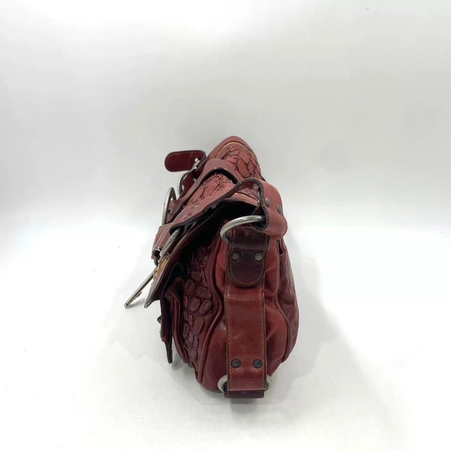 Dior Vintage Gaucho Large Red Leather Crocodile Embossed Crossbody Bag