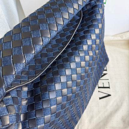 Bottega Veneta Hop Large Leather and Denim Intrecciato Navy Hobo Bag 55cm