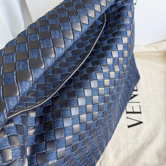 Bottega Veneta Hop Large Leather and Denim Intrecciato Navy Hobo Bag 55cm