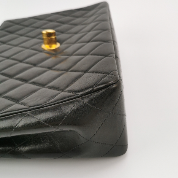 Sold Chanel Classic Flap Large 1994 Vintage Black Lambskin Leather 24k Gold Plated Mega CC Logo