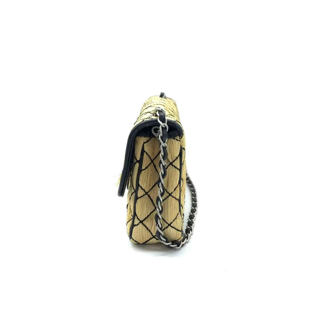 Chanel Medium Straw Wicker Flap Bag Black Diamond Wild Stitch