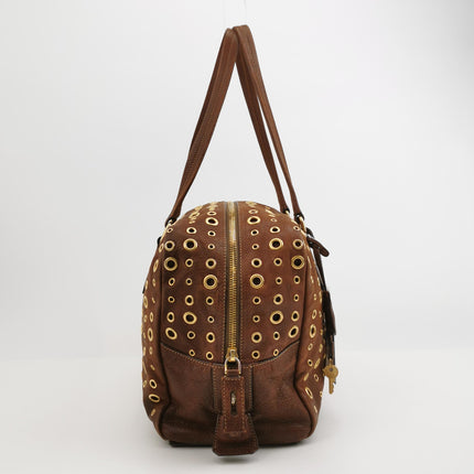 Prada Brown Grommet Calfskin Leather Gold Ringlet Shoulder Bag