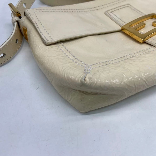 FENDI Baguette White Crinkled Patent Leather Shoulder Bag