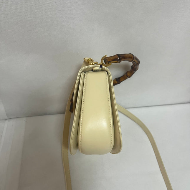 Gucci Bamboo 1947 Vintage Small White Box Leather Top Handle and Leather Strap Bag