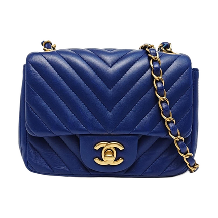 Chanel Classic Flap Mini Square Chevron Stitching Blue Lambskin Gold Hardware Crossbody Bag