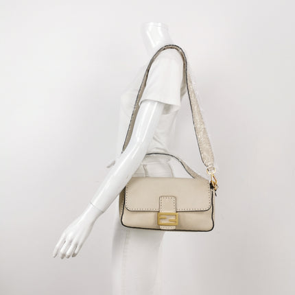 Fendi Baguette Selleria Medium Off White Cream Calfskin Leather Crossbody Bag Medium