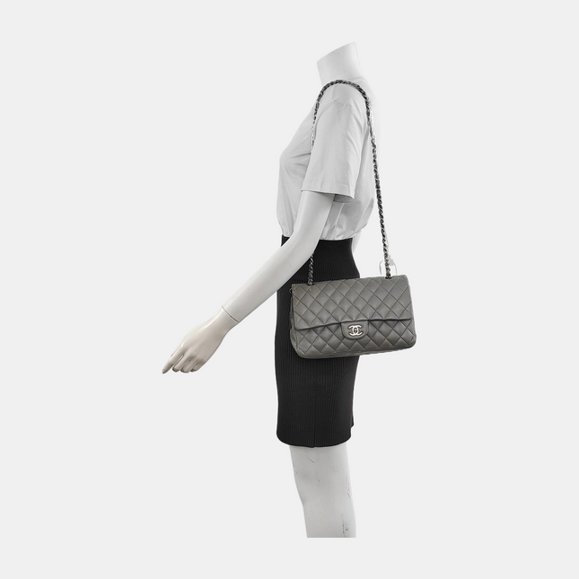 Chanel Timeless Classic Flap Medium Grey Lambskin Leather Silver Hardware