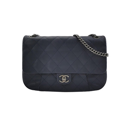 Chanel Large Single Flap Navy Calfskin Leather Cannage Stitch Silver Hardware 2012