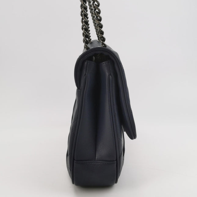 Chanel Large Single Flap Navy Calfskin Leather Cannage Stitch Silver Hardware 2012