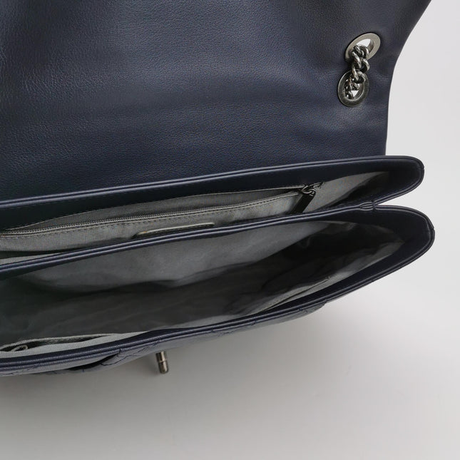 Chanel Large Single Flap Navy Calfskin Leather Cannage Stitch Silver Hardware 2012