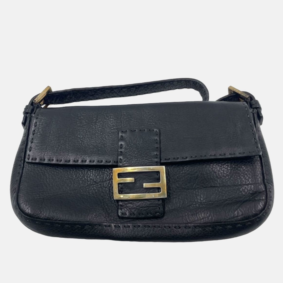 Fendi Baguette Selleria Calfskin Leather Sellier Stitching Redyed Black Shoulder Bag