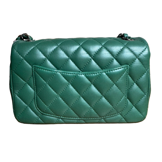 Chanel Classic Flap Mini Rectangular Green Lambskin Leather Silver Hardware