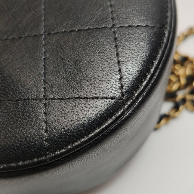 Chanel Round Black Lambskin Leather Crossbody Bag with Matelasse Chain and Pearls