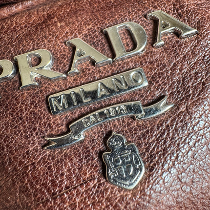 Prada Large Brown Washed Top Handle Bauletto Bag Calfksin Leather